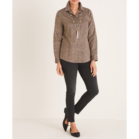 Chico's All Seasons Animal Print Shirt Brown Leopard No iron Coolmax Size 12/14 - Picture 3 of 9